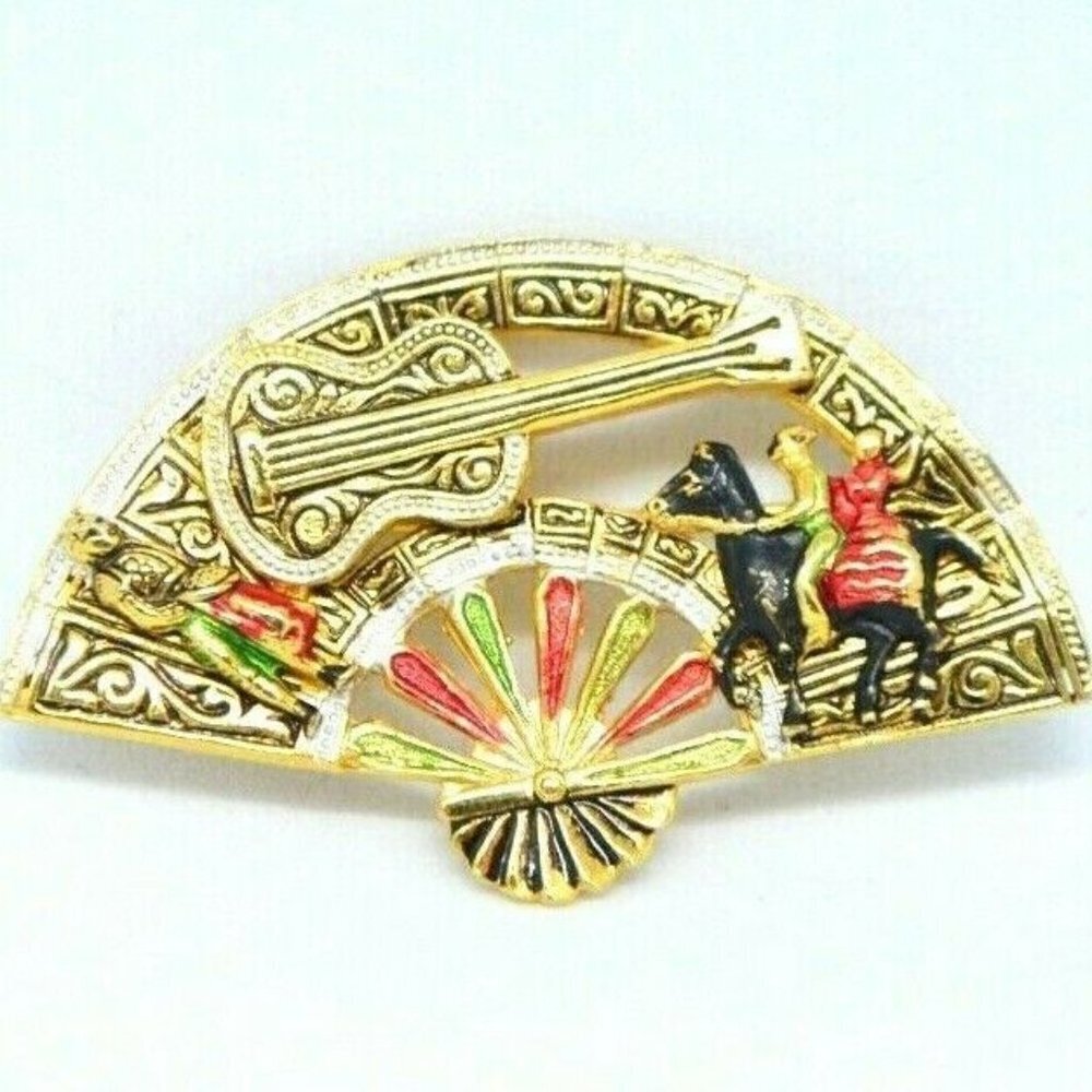 Damascene Enamel Fan Guitar Matador Scene Brooch